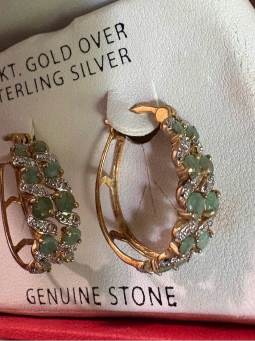 Macy's 18KT Gold Over Sterling Silver Hoop Earrings with Green Stones - Picture 2 of 4